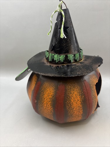 Tin Pumpkin Jack-o-Lantern Tea Light Witch Hat Halloween Decor Hanger Lamp - Picture 2 of 6