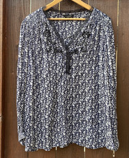 Lucky Brand 1X Floral Peasant Blouse Navy Blue Black Lace Embroidered Boho