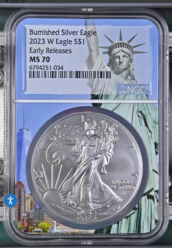 2023 W Burnished Silver Eagle NGC MS70 First Day  Statue Of Liberty Core POP 50