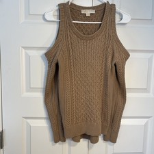 Michael Kors Light Brown Cable Knit Sweater W/ Cold Open Shoulders, Size Medium