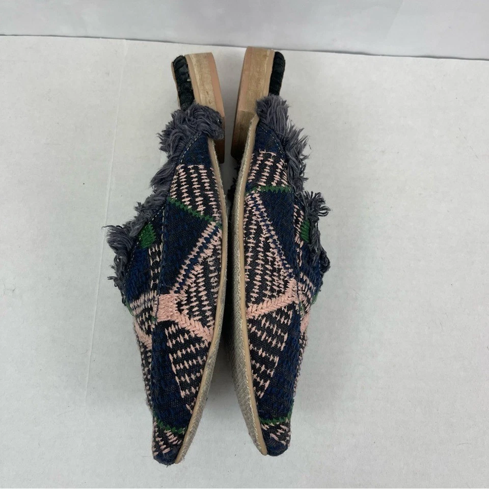 Free People Women's Mules Slip-On Tweed Fringe Navy Pink Green Leather Sz 39 - Image 4 of 4