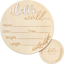 -Baby Announcement Sign, Wooden Hello World Newborn Baby Name Sign Birth Announc