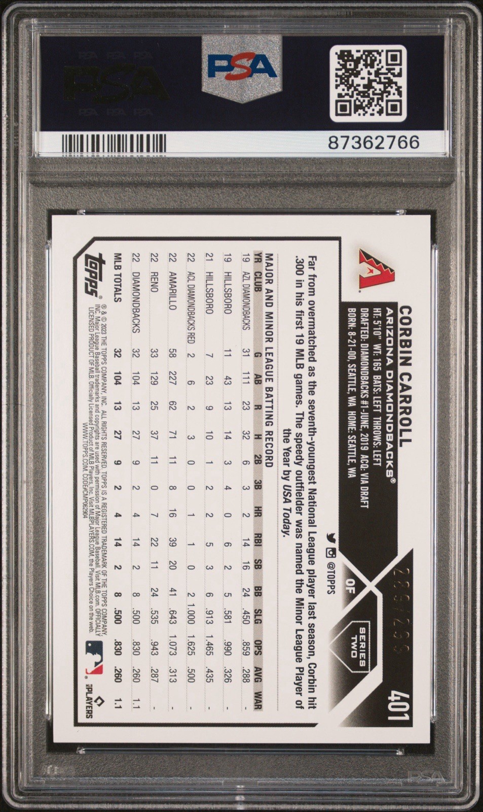 2023 TOPPS CORBIN CARROLL ROOKIR ORANGE FOIL RC SP / 299 GEM MINT PSA 10 💎 view 2