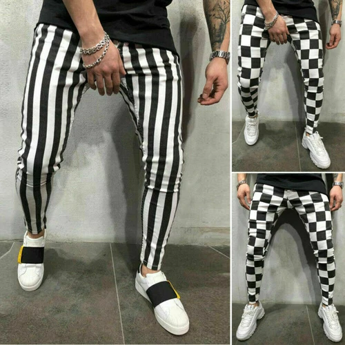 DE uomo a righe a quadri nero bianco pantaloni estivi slim tempo libero comodi pantaloni @ - Foto 6 di 15