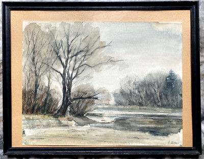 ::WATERCOLOUR GEORG ZILKER TREE ON THE SHORE LANDSCAPE WINTER FRAME ANTIQUE SIGNED