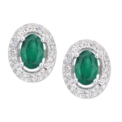 Ovale Cluster-Ohrringe 9 kt Weißgold Smaragd und Diamant von Naava