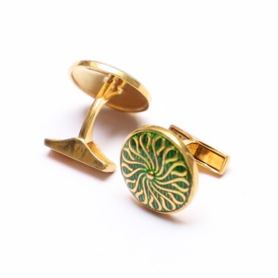 925 Sterling Silver Green Enamel Round Shape Floral Gold Plated Wedding Cufflink