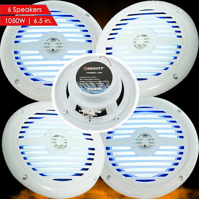 6x Gravity 1050 WATTS 2-Way Coaxial Marine Audio Speakers 6-1/2'' (White) / LED