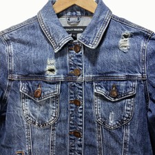 Ashley Mason Distressed Blue Denim Button Up Cropped Jeans Jacket Coat Womens L