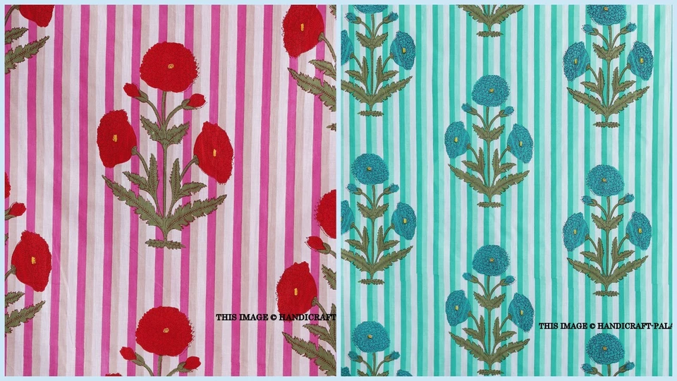 Mano Bloque Estampado Floral Indio 100% Voile de Algodón Tela Costura Por Yardas - Imagen 1 de 1