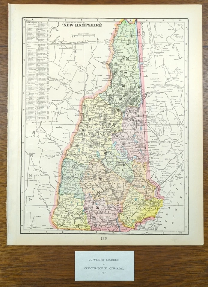 Винтажная карта 1901 NEW HAMPSHIRE 11 x 14 дюймов старая антикварная оригинальная МАНЧЕСТЕР НАШУА NH - Изображение 2 из 4