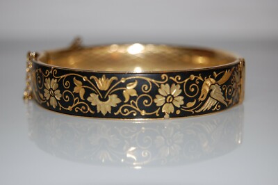 ELEGANT VINTAGE BLACK GOLD TONED DAMASCENE FLOWERS BIRD HINGED