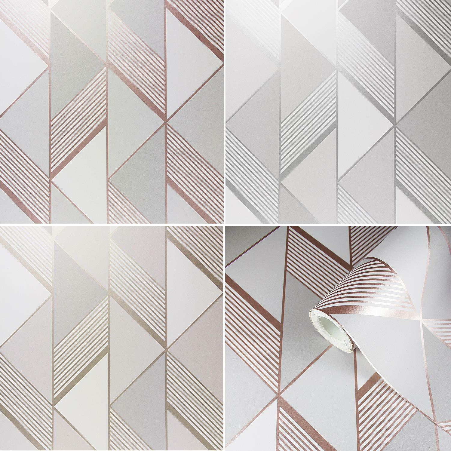 Lipsy Geometric Grey Silver Gold Wallpaper Metallic Stripe Triangle