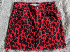 TOP SHOP MOTO High-Rise Red Black Animal Print Spots Denim Skirt Womens 4 Punk