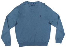 Ralph Lauren Polo Pony 100 Pima Cotton V Neck Blue Jumper Pullover Sweater XL
