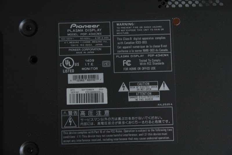 Pioneer Plasma Monitor PDP-434CMX HD 43