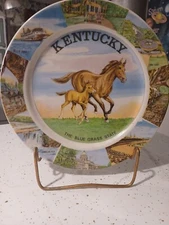 Vintage Souvenir  Kentucky The Blue Grass State Plate Ebrink Japan With Holder