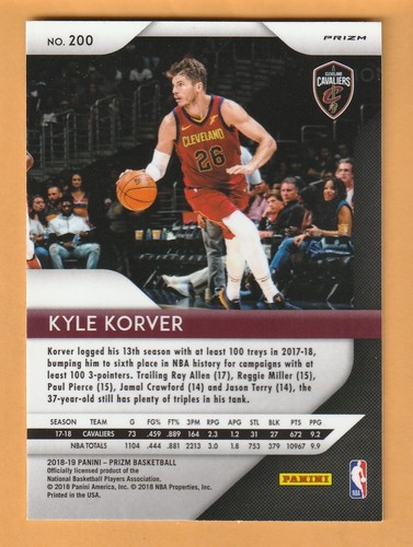 Kyle Korver Cleveland Cavaliers 2018-19 Prizm Red White Blue #200 Creighton 13K - Picture 2 of 2