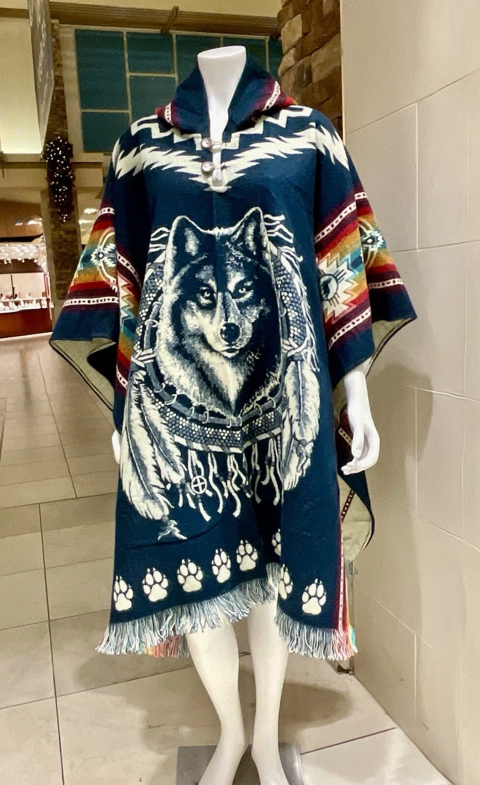 HANDCRAFTED ALPACA PONCHO, DREAMCATCHER WOLF, Navy Teal, Unisex, Made In Ecuador