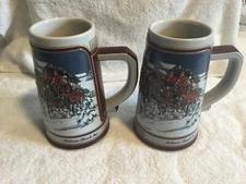 1989 Anheuser Busch Budweiser Bud Holiday Christmas set of 2 Beer Steins