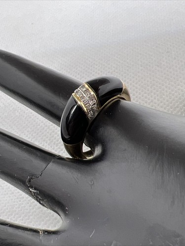 BEAUTIFUL Solid 14K Yellow Gold 0.12CTW Diamonds & Inlay Onyx Band Ring 4.3gr. - Picture 7 of 12