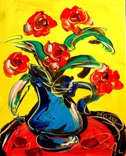FLOWERS ABSTRACT  IMPRESSIONIST RED ORIGINAL OIL  PAINTING  CANADIAN