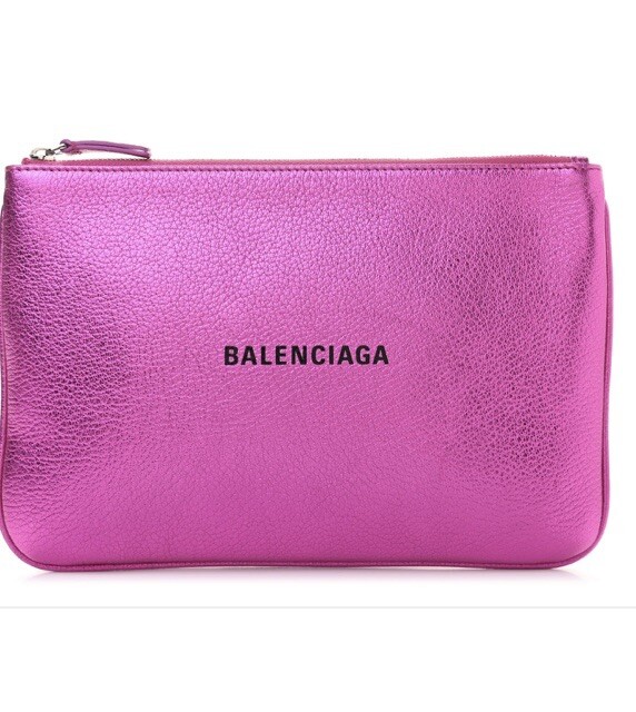 New Balenciaga Pink Metallic Calfskin Logo Zip Pouch Clutch $795