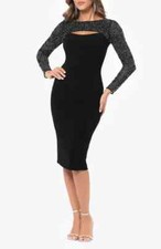 Betsy And Adam Black Silver Rhinestone Yoke Cutout Long Sleeve Dress Size 4 249