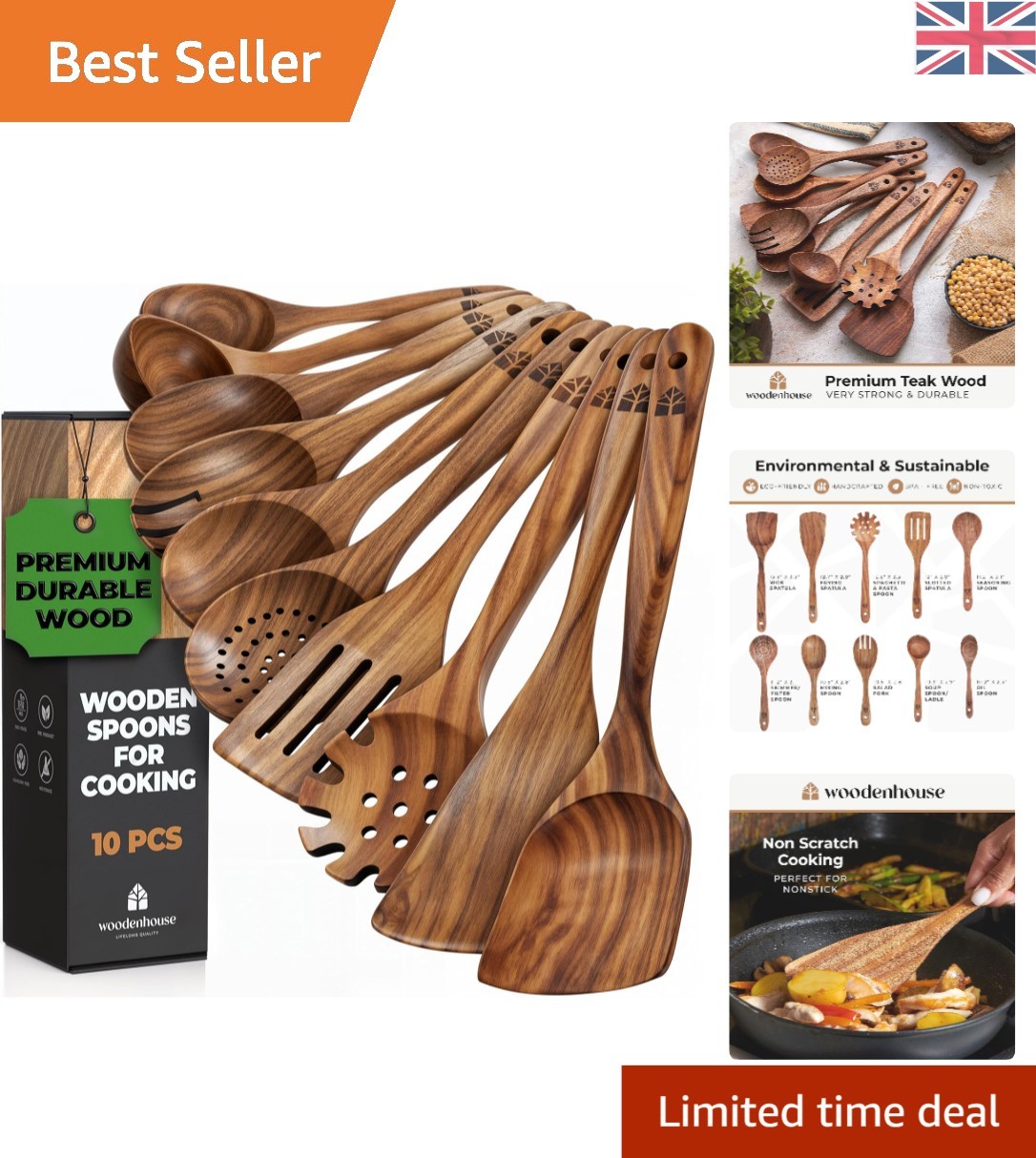 Stylish 10-Piece Teak Utensil Set - Heat Resistant & Comfortable Grip Included
