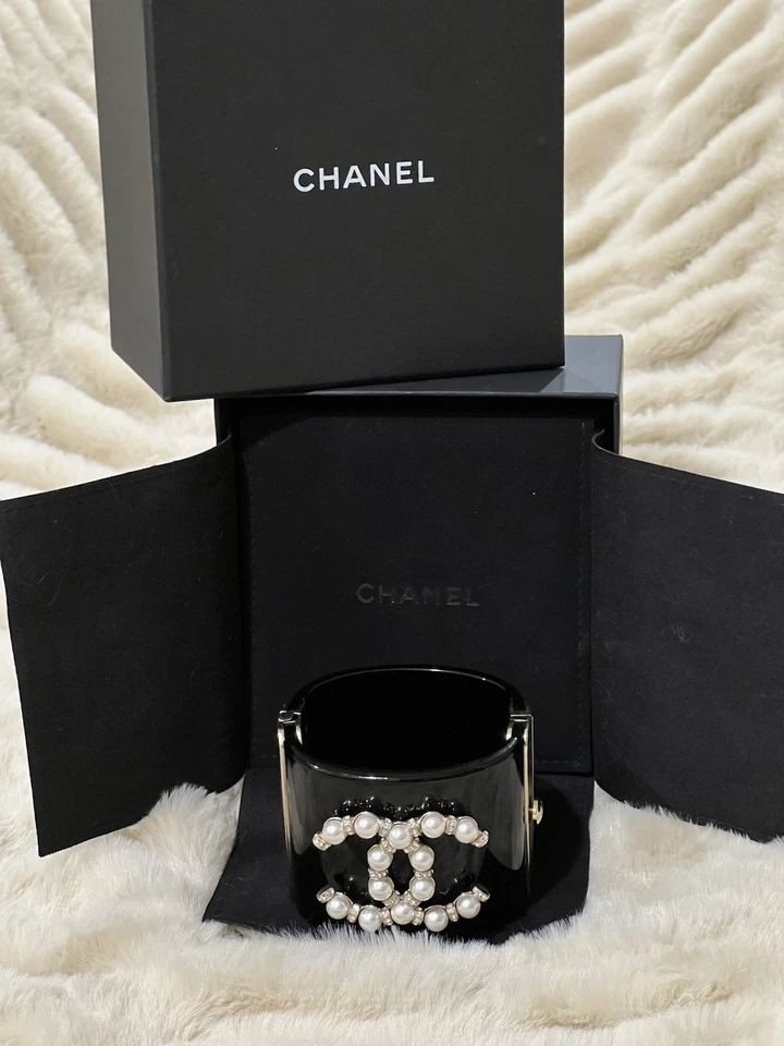Chanel Black Cuff Pearl Logo Bracelet. Black, Pearly White, Crystal & Gold - Image 3 of 4