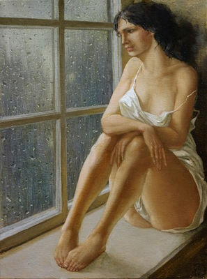 #ad Original Oil Painting Female Figure Woman by Rainy Window Impressionist Art $490.00