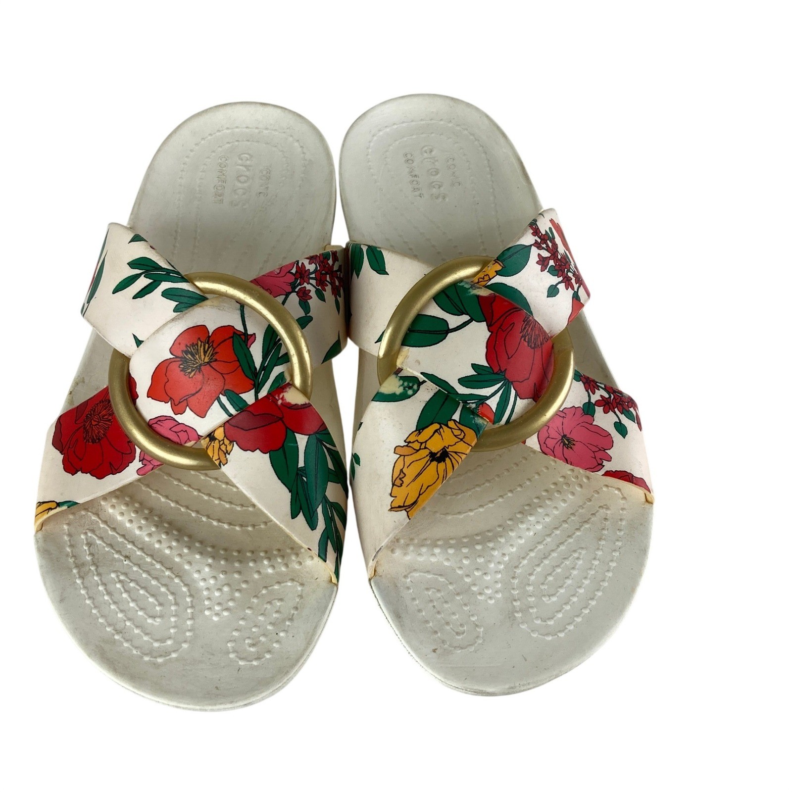 Crocs Floral Slide Sandals Womens 9 Cream Multi Gold Ring Iconic Comfort Flat