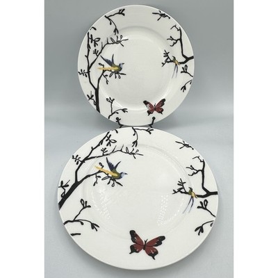 (2) Roscher Bone China 8 in Salad Plates Birds Butterflies Black Branches White