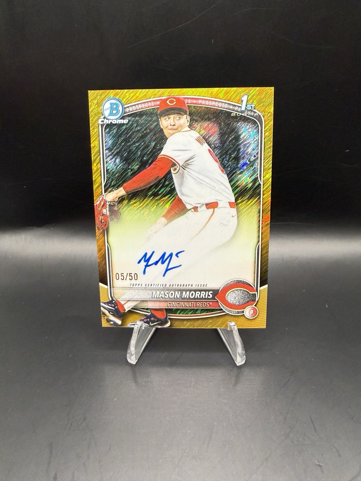 2025 Bowman Chrome Draft Mason Morris Gold Shimmer Auto /50 Reds 1st