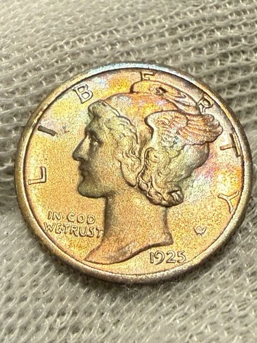1925-s Mercury Dime. 100% Fully Separated Horizontal Band's AU+ High Grade Toned