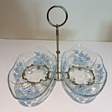 Vintage Anchor Hocking Blue Cornflower Double Serving Bowls W/ Brass Carrier 50s