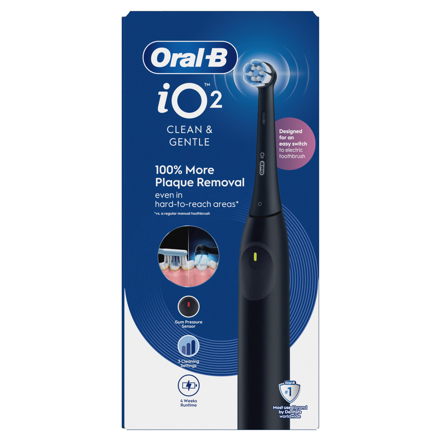 Oral-B Io2 Electric Toothbrush, 3 Modes, 100% Cleaner Teeth, Automatic Pressure Sensor, Quite Sound, Long-Lasting Battery, Night Black - Image 6