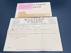 1939 Western Union Telegram DINNER DATE Train 20 SOUTHERN PACIFIC Love