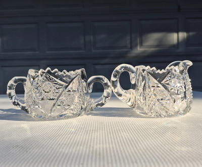 Brilliant Period Cut Glass Creamer & Sugar Hob Star Fan Sawtooth 1890s