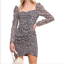 ASTR the Label Black White Floral Ruched Puff Sleeve Mini Dress Small