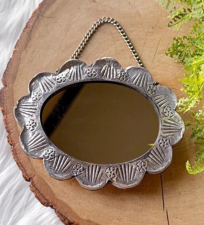 Impresionante Espejo de Boda Turco Colgante Vintage Plata 925 Diseño Repoussé Ovalado Foto 4 de 4