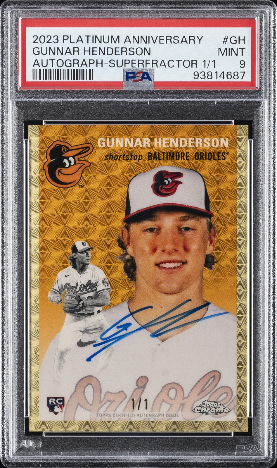 2023 TOPPS CHROME PLATINUM SUPERFRACTOR AUTO #GH GUNNAR HENDERSON RC 1/1 PSA 9