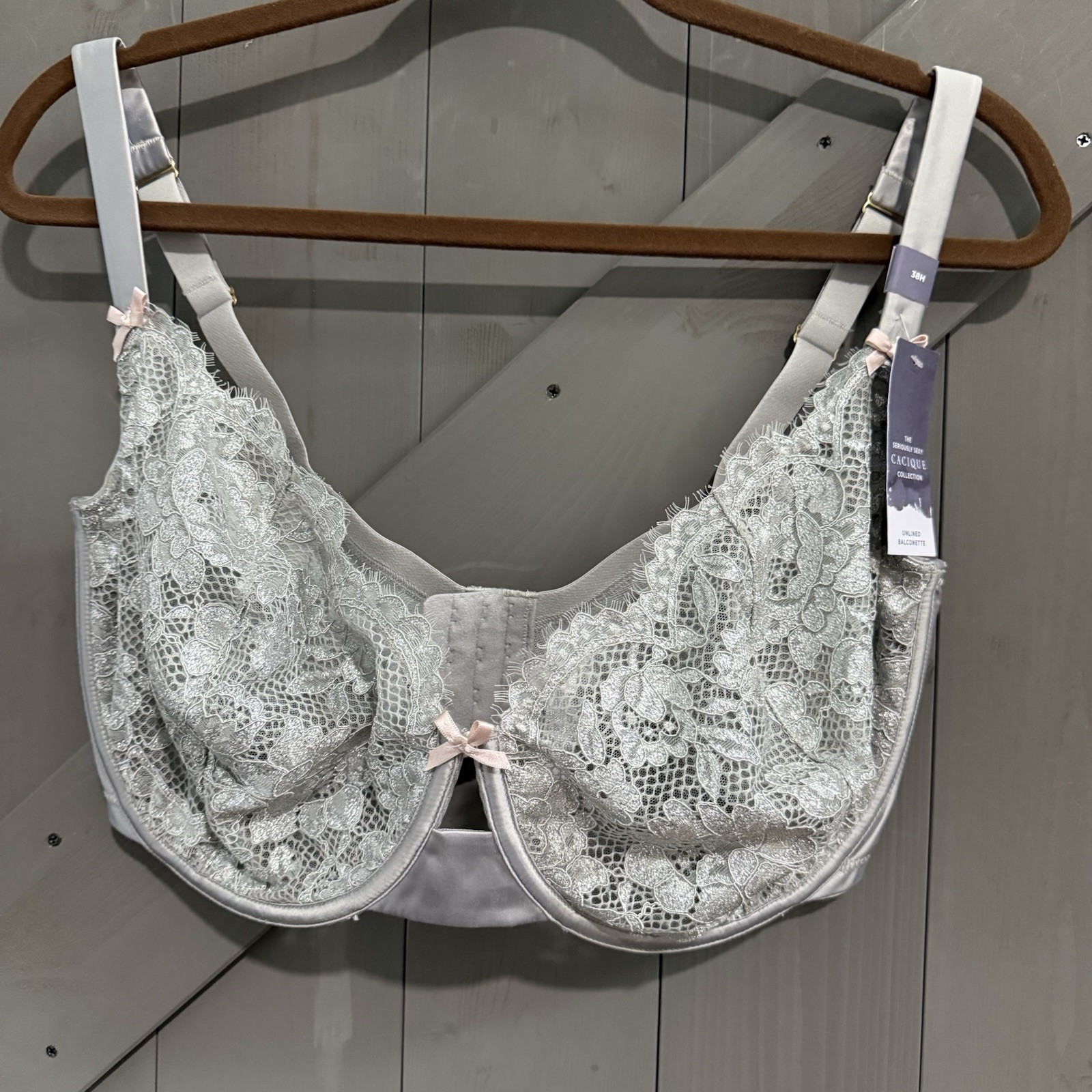 NWT Cacique Seriously Sexy Floral Lace Unlined Balconette Bra 38H Silver