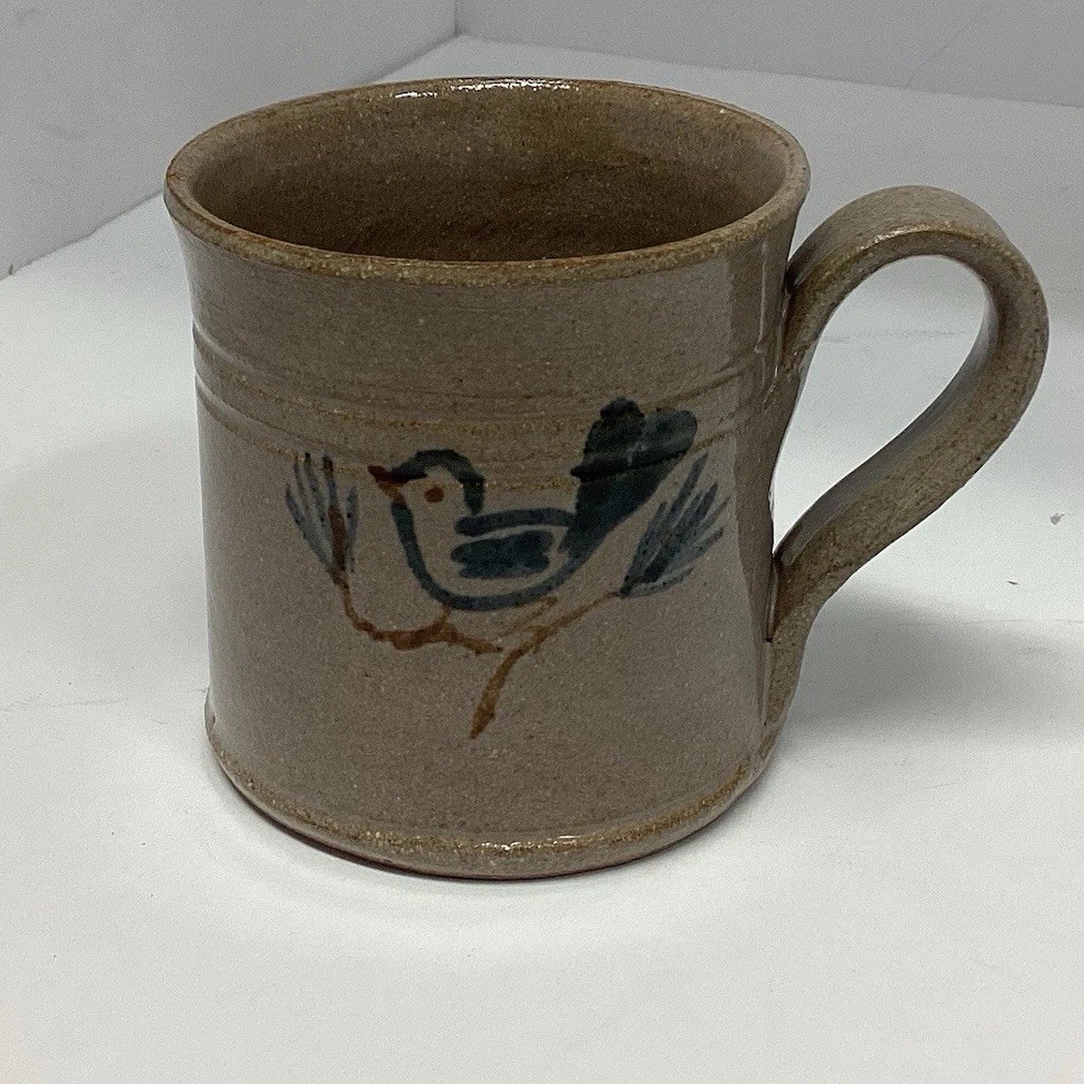 JugTown Ware Stone Pottery Mug Cup Glazed Brown With Blue Bird On Branch