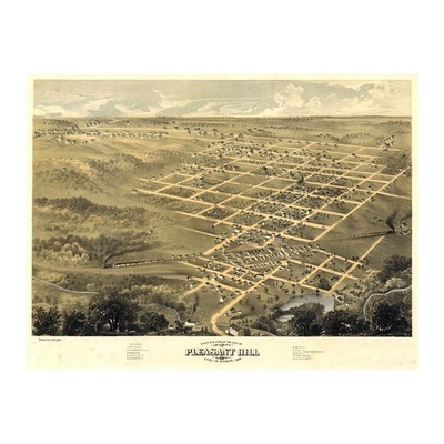 Pleasant Hill Missouri 1869 Bird's Eye View Drawing of Historic Town Layout