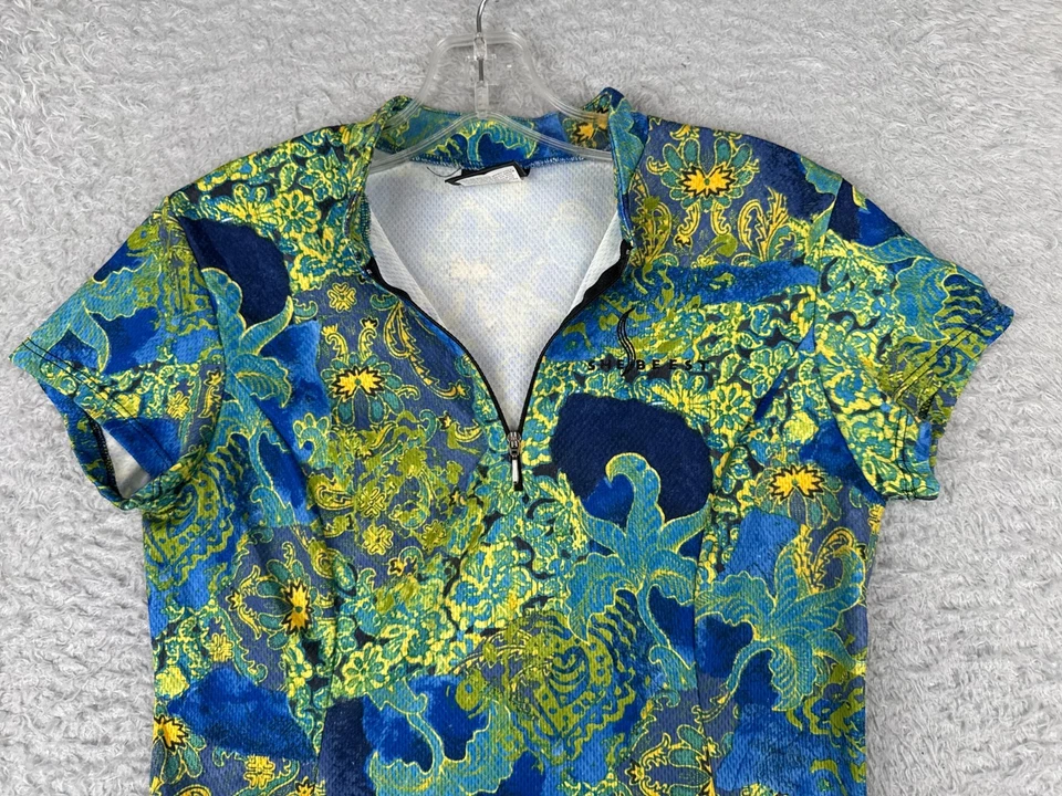 Camiseta deportiva de ciclismo SheBeest para mujer pequeña verde azul floral 1/4 cremallera 100 % poliéster Foto 4 de 4