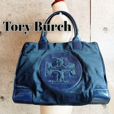 TORY BURCH Ella Hand Bag Tote Bag Nylon Leather Navy x Gold Hardware Used