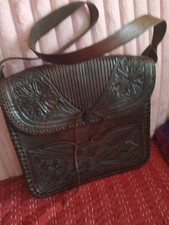 VTG Brown Leather Hand Tooled Floral Design Handbag Purse Shoulder Strap