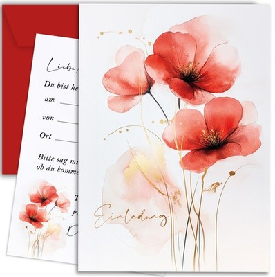 10 Einladungskarten mit Umschlägen Mohnblumen Rot A6 zum Ausfüllen