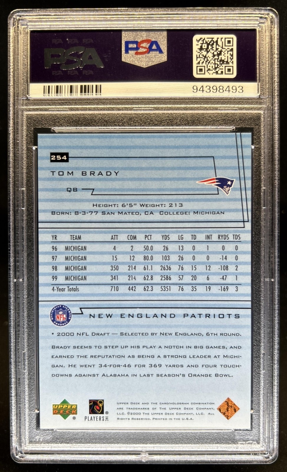 2000 Upper Deck Tom Brady TB12 Rookie RC #254 Patriots PSA 8 Auto Autograph 10 view 2